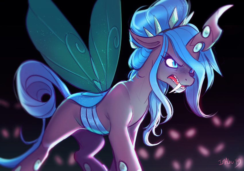 absurd_res changeling fan_character fangs green_hair hair hi_res imalou insect_wings my_little_pony queen_polistae sharp_teeth solo sparkles teeth wings