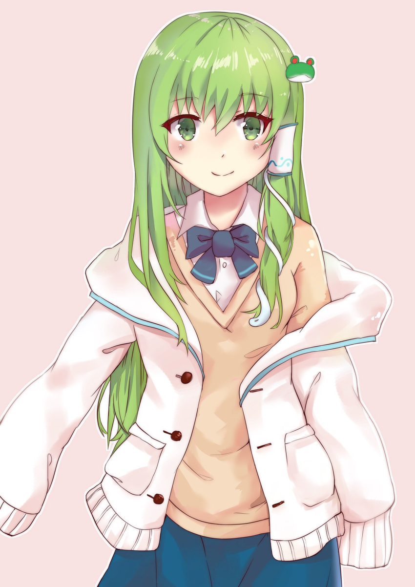 1girl alternate_costume blue_neckwear blue_skirt blush bow bowtie casual frog_hair_ornament green_eyes green_hair hair_ornament hair_tubes highres jacket kochiya_sanae krisame_amane long_hair long_sleeves looking_at_viewer off_shoulder open_clothes open_jacket shirt skirt smile snake_hair_ornament solo touhou unbuttoned very_long_hair white_jacket white_shirt