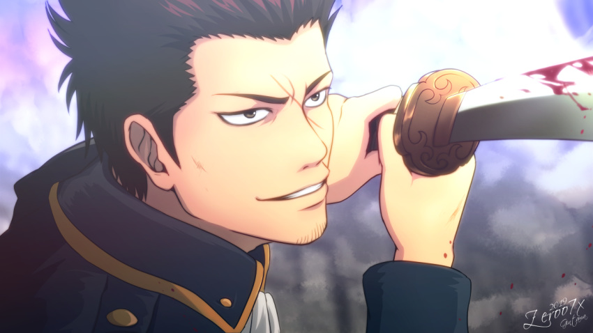 1boy 2019 black_jacket blood bloody_weapon brown_eyes brown_hair gintama grin holding holding_sword holding_weapon jacket kondou_isao long_sleeves male_focus military_jacket parted_lips shinsengumi_(gintama) signature smile solo sword weapon zeroo7x