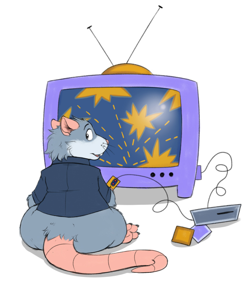 absurd_res bottomless butt chipp clothed clothing emenius hi_res looking_at_viewer male mammal murid murine open_mouth partially_clothed rat rodent shirt television topwear video_games