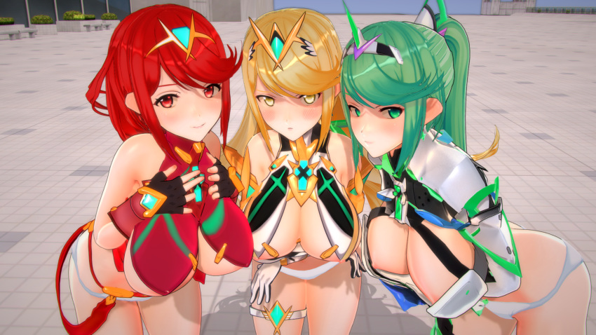 3d 3girls angry bangs blonde_hair boots breasts building concrete custom_maid_3d_2 elbow_gloves gem gloves green_eyes green_hair highres hikari_(xenoblade_2) homura_(xenoblade_2) jewelry large_breasts long_hair looking_at_viewer multiple_girls nervous nintendo nipples nude panties plant pneuma_(xenoblade_2) ponytail pose red_eyes red_hair shoulder_armor shy spoilers standing staring swept_bangs thigh_strap tyrving underwear very_long_hair window xeno_(series) xenoblade xenoblade_(series) xenoblade_2 yellow_eyes