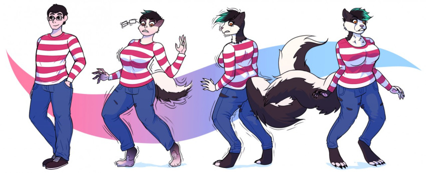 2018 anthro artist-chan barefoot big_breasts breast_growth breasts clothing eyewear female gender_transformation glasses human human_to_anthro jeans male mammal mephitid mtf_transformation pants sequence shirt skunk smile solo species_transformation standing surprise tail_growth topwear torn_clothing transformation