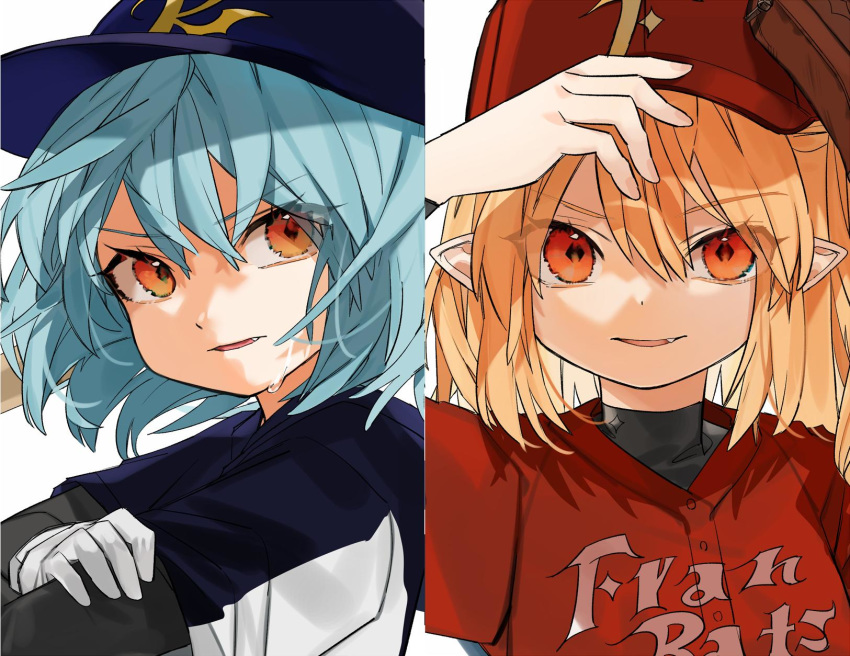 2girls adjusting_clothes adjusting_hat alternate_eye_color arms_up bangs baseball_cap baseball_glove baseball_uniform blonde_hair blue_hair blue_headwear blue_shirt clothes_writing column_lineup commentary_request eyebrows_visible_through_hair fang flandre_scarlet gloves gotoh510 hair_between_eyes hat highres long_sleeves looking_at_viewer multiple_girls one_side_up orange_eyes parted_lips pointy_ears red_headwear remilia_scarlet shirt short_hair short_sleeves siblings simple_background sisters smile sportswear sweat touhou upper_body v-shaped_eyebrows white_background white_gloves