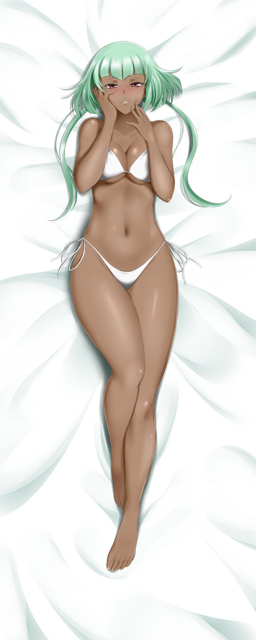 1girl absurdres alfred_cullado bangs barefoot bed_sheet bikini breasts cleavage collarbone dakimakura emerald_sustrai from_above full_body green_hair highres incredibly_absurdres looking_at_viewer lying medium_breasts on_back on_bed paid_reward parted_lips patreon_reward red_eyes rwby shiny shiny_hair shiny_skin short_hair_with_long_locks side-tie_bikini sidelocks solo swimsuit underboob white_bikini