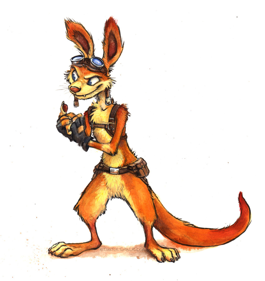 2017 anthro belt blue_eyes claws clothing daxter eyewear fangs fur gloves goggles hi_res jak_and_daxter kenket male mammal mustelid naughty_dog orange_fur ottsel simple_background solo sony_corporation sony_interactive_entertainment standing video_games white_background