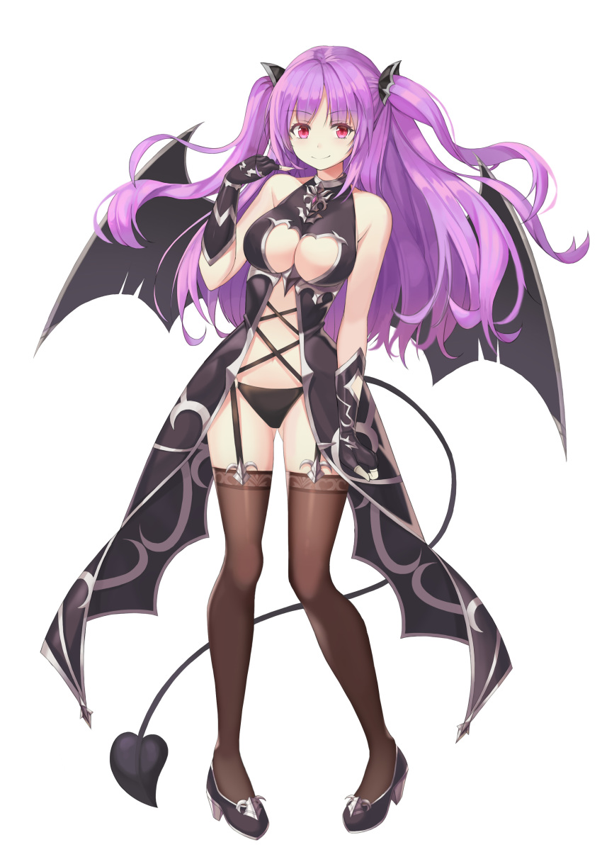 1girl absurdres bare_arms bare_shoulders black_dress black_footwear black_gloves black_panties breasts brooch brown_legwear center_opening cleavage closed_mouth demon_tail demon_wings dress fake_tail fake_wings fingerless_gloves floating_hair full_body garter_straps gloves gluteal_fold hair_ornament hand_up highres jewelry king's_raid large_breasts long_hair looking_at_viewer navel ophelia_(king's_raid) panties purple_hair red_eyes revealing_clothes round30fight shoes simple_background sleeveless sleeveless_dress smile solo stomach tail thighhighs two_side_up underwear white_background wings
