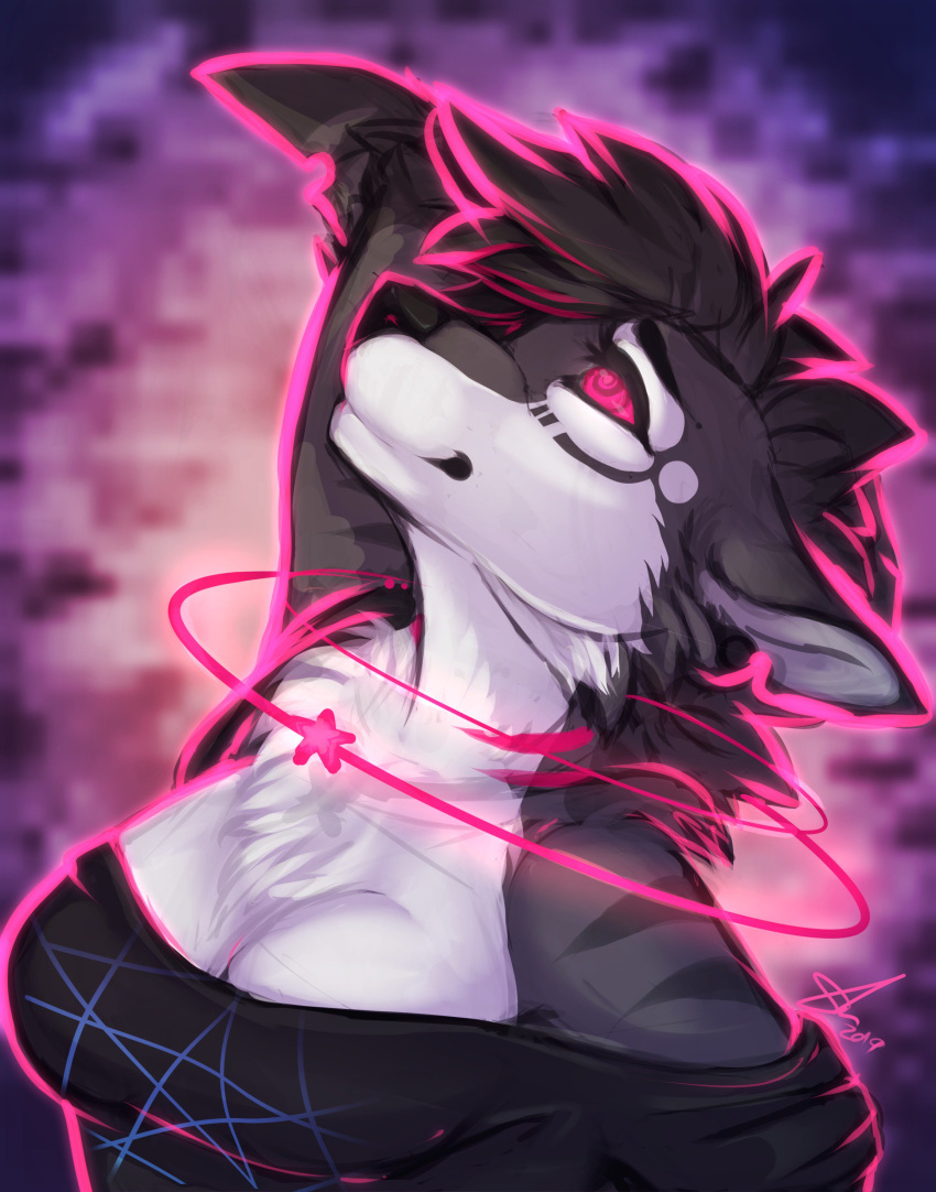 2019 absurd_res anthro black_fur black_hair breasts canid canine clothed clothing digital_media_(artwork) female fur hair hi_res mammal pink_eyes sharfluffz shariea smile solo standing