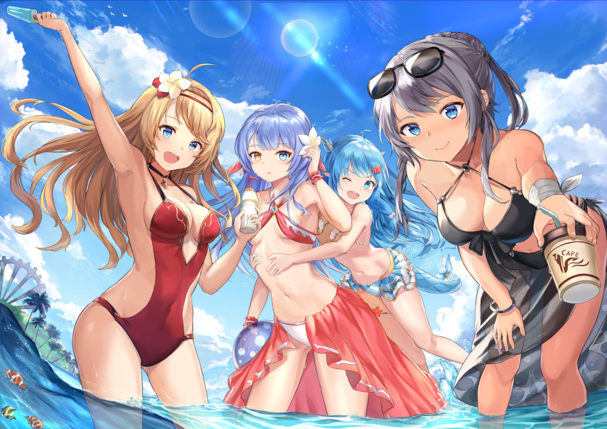 4girls ;d ahoge animal arm_up armpits artemia_(king's_raid) bangle beads bent_over bikini bikini_skirt bird black_bikini black_choker blonde_hair blue_eyes blue_hair blue_sky bottle bracelet braided_bun breasts brown_eyes choker cleavage closed_mouth cloud cloudy_sky clownfish collarbone covered_navel criss-cross_halter cup day dragon_girl dragon_horns dragon_tail drinking_straw eyewear_on_head fish floating_hair flower food frilled_bikini frills front-tie_bikini front-tie_top gluteal_fold grey_hair hair_bun hair_flower hair_ornament halterneck hand_on_own_thigh hand_up heterochromia highres holding holding_bottle holding_cup horns hug hug_from_behind innertube jewelry kara_(king's_raid) king's_raid large_breasts leaning_forward lens_flare lilia_(king's_raid) long_hair looking_at_viewer medium_breasts mosta_(lo1777789) multiple_girls navel ocean one-piece_swimsuit one_eye_closed open_mouth outdoors palm_tree pointy_ears popsicle red_bikini ribbon sarong scarlet_(king's_raid) sidelocks sky small_breasts smile standing stomach sun sunglasses sunlight swimsuit tail tail_ribbon tree v-shaped_eyebrows wading water white_bikini white_flower wrist_cuffs wrist_ribbon