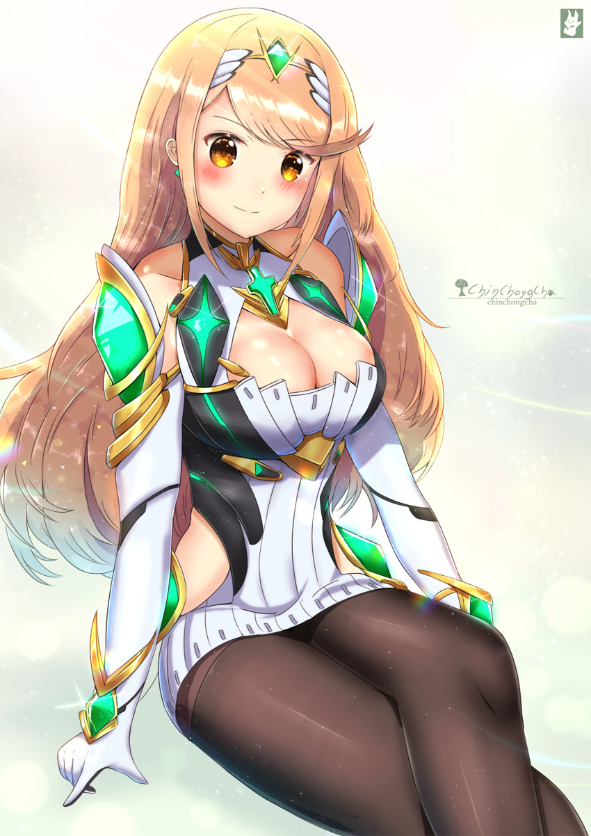 1girl arm_up armor artist_name bangs blonde_hair blush breasts chinchongcha closed_mouth copyright_name dress elbow_gloves gloves hair_ornament headpiece highres hikari_(xenoblade_2) large_breasts long_hair looking_at_viewer nintendo pose sitting skirt smile solo spirit_(super_smash_bros.) super_smash_bros. super_smash_bros._ultimate swept_bangs thighhighs tiara very_long_hair xenoblade_(series) xenoblade_2 yellow_eyes