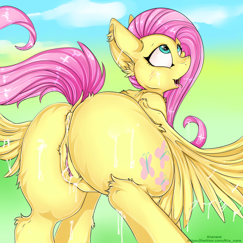 1:1 2019 anus blush butt cum cum_on_body cutie_mark equid equine feathered_wings feathers female feral fluttershy_(mlp) friendship_is_magic hair hi_res kianara looking_up mammal my_little_pony pterippus pussy solo wings