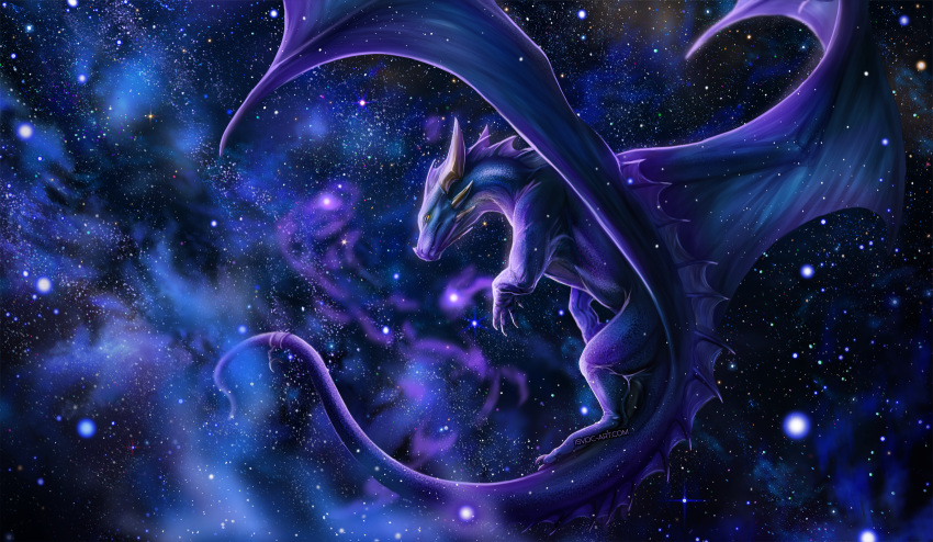 2019 ambiguous_gender blue_body claws cool_colors cosmic_background detailed_background digital_media_(artwork) dragon feral flying galaxy hi_res horn isvoc membranous_wings nebula sad scales scalie solo space spines star western_dragon wings yellow_eyes
