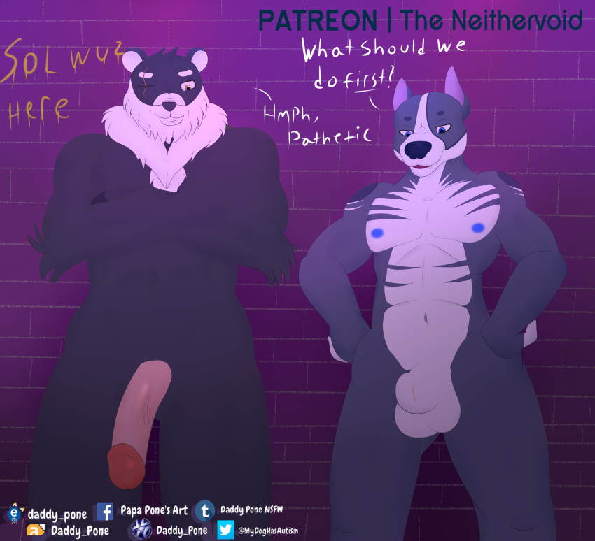 absurd_res baereyan balls beard canid canine canis collaboration daddy_pone domestic_dog erection facial_hair fluffy hairy hi_res humanoid_penis male male/male mammal muscular nipples penis scar size_difference smile smirk tattoo the_neithervoid ursid ursion
