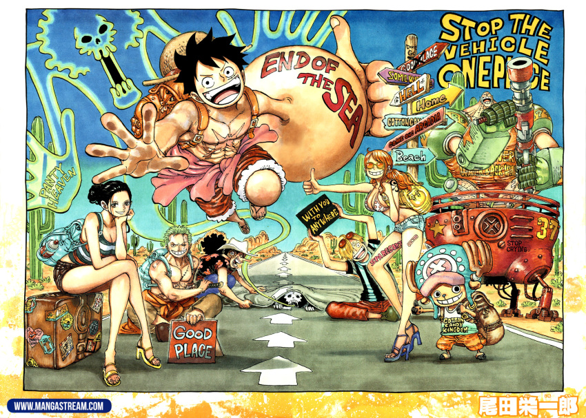 2girls 7boys backpack bag bare_arms bare_shoulders black_hair blonde_hair blue_hair breasts brook cleavage curvy denim denim_shorts feet franky green_hair happy heels highres large_breasts legs lying monkey_d_luffy multiple_boys multiple_girls nami_(one_piece) nico_robin oda_eiichirou one_piece orange_hair reindeer road roronoa_zoro sanji shorts sign sitting skeleton smile sunglasses sunglasses_on_head tattoo teeth thick_thighs thighs tony_tony_chopper upper_bikini usopp wide_hips