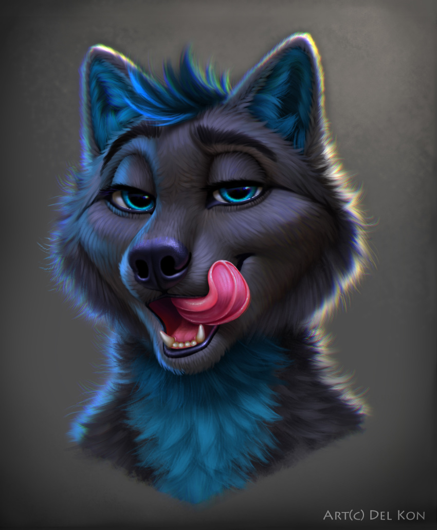 2019 anthro black_eyebrows black_fur blue_eyes blue_fur blue_hair blue_nose canid canine canis conditional_dnp delkon digital_media_(artwork) eyebrows fangs front_view fur grey_background grey_fur hair headshot_portrait hi_res inner_ear_fluff licking licking_lips looking_at_viewer male mammal multicolored_fur niro open_mouth pink_tongue portrait self_lick short_hair simple_background solo teeth tongue tongue_out wolf