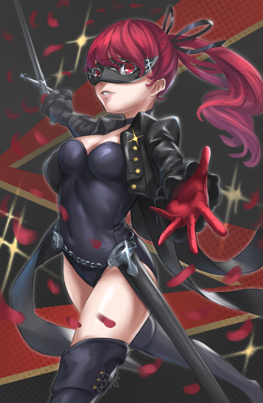 1girl black_footwear boots breasts choker cleavage covered_navel cropped_jacket gloves highres holding holding_sword holding_weapon jacket leotard long_hair looking_at_viewer mask medium_breasts mikazukiblue open_clothes open_jacket outstretched_arms parted_lips persona persona_5 persona_5_the_royal petals ponytail red_gloves red_hair scabbard sheath solo spread_arms standing sword thigh_boots thighhighs weapon yoshizawa_kasumi