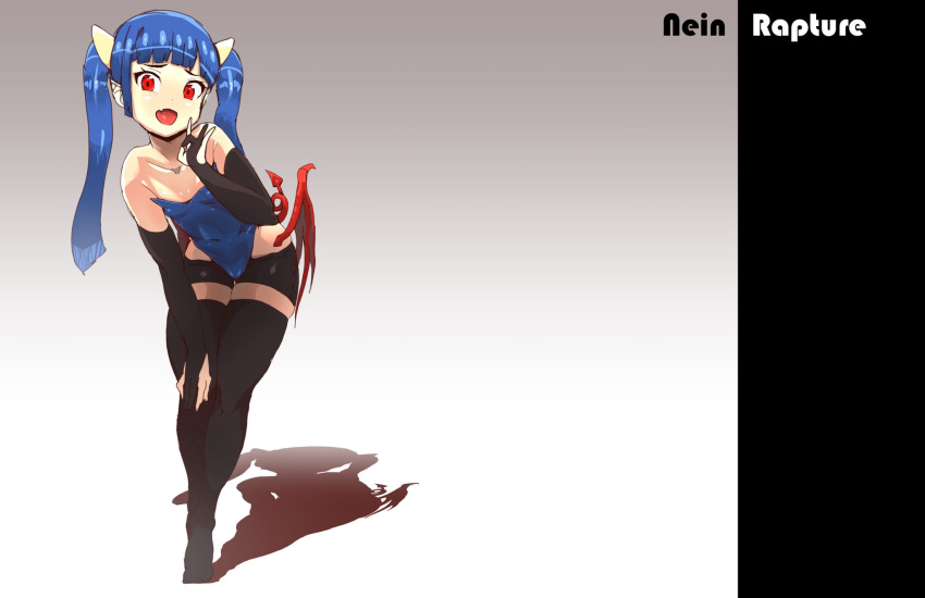 1girl bangs bare_shoulders black_gloves black_legwear blue_hair blue_leotard blunt_bangs bridal_gauntlets character_name commentary demon_girl demon_tail elbow_gloves english_commentary eraanthe fang flat_chest full_body gloves hand_on_own_knee highres horns laughing leaning_forward leotard looking_at_viewer low_wings lowleg lowleg_shorts no_shoes open_mouth original partly_fingerless_gloves pointy_ears red_eyes red_wings shadow short_shorts shorts solo tail thighhighs wings