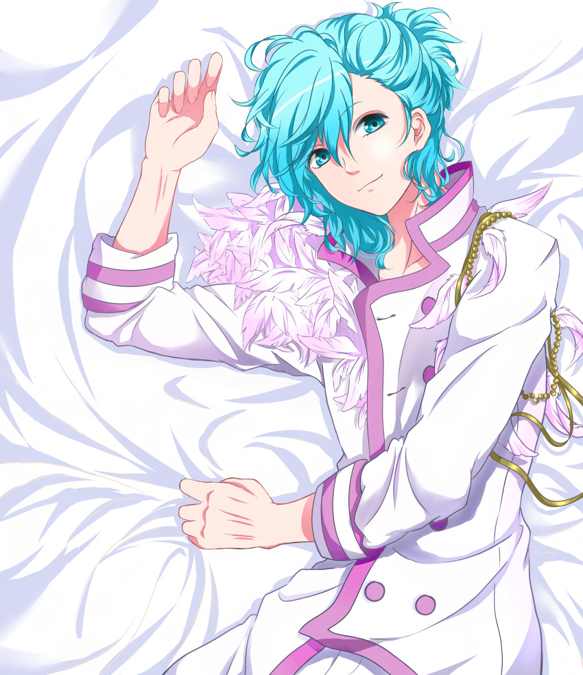 1boy absurdres alternate_costume blue_eyes blue_hair collarbone commentary_request eyebrows_visible_through_hair feathers highres imai jacket long_sleeves looking_at_viewer lying male_focus messy_hair mikaze_ai on_back ponytail smile solo upper_body uta_no_prince-sama white_feathers white_jacket