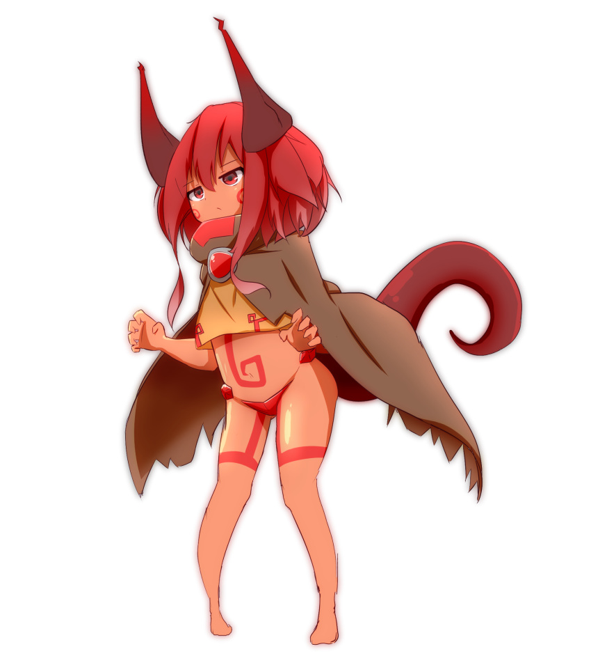 1girl bangs bare_legs barefoot brown_cloak cloak closed_mouth commentary_request dark_skin dragon_girl dragon_horns dragon_tail eyebrows_visible_through_hair facial_mark full_body hair_between_eyes highres horns idaten93 long_hair original red_eyes red_hair simple_background sketch solo standing strapless_bottom tail tail_raised white_background