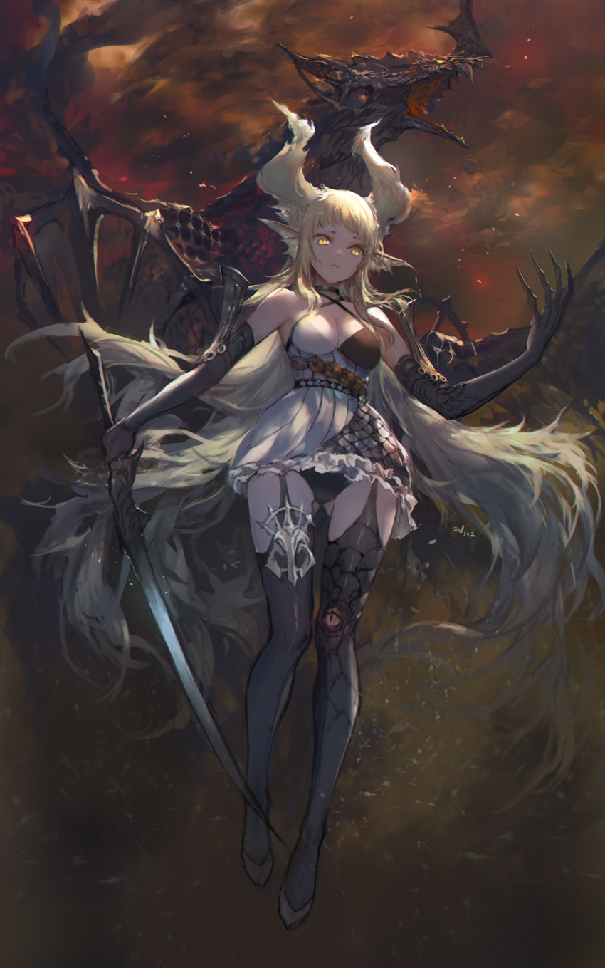 1girl animal_ears bare_shoulders belt black_gloves black_legwear blonde_hair breasts choker claws cleavage dragon dragon_nest dress elbow_gloves full_body garter_straps gloves highres holding holding_sword holding_weapon horns long_hair scale_armor slit_pupils solo swd3e2 sword thighhighs very_long_hair weapon yellow_eyes