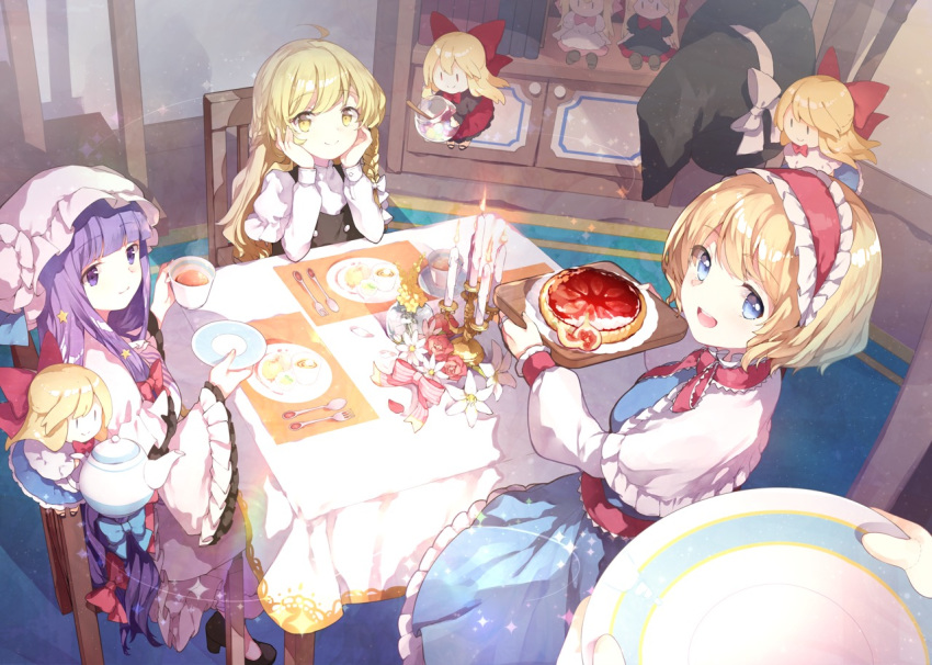 6+girls ahoge alice_margatroid apron ascot bangs black_headwear blonde_hair blue_dress blue_eyes blush bow bowtie candle capelet chair closed_mouth commentary cowboy_shot cup dress flower flower_request food fork frilled_ascot frilled_dress frilled_sleeves frills hair_bow hair_ornament hair_ribbon hairband hat hat_removed headwear_removed hourai_doll indoors kirisame_marisa lily_(flower) lolita_hairband long_hair long_sleeves looking_at_another mob_cap multiple_girls open_mouth out_of_frame patchouli_knowledge plate purple_eyes purple_hair red_bow red_dress ribbon risui_(suzu_rks) shanghai_doll short_hair sitting smile spoon star star_hair_ornament striped table tart_(food) tea teacup teapot touhou very_long_hair wide_sleeves witch_hat yellow_eyes