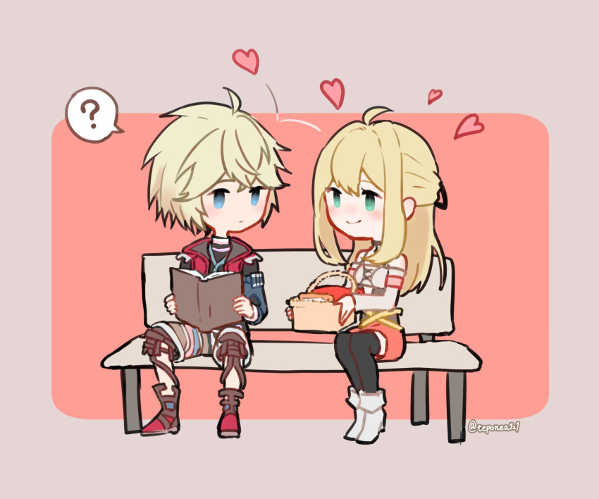 1boy 1girl blonde_hair blue_eyes chibi fiorun green_eyes highres jacket long_hair nintendo rei_(teponea121) short_hair shulk simple_background skirt smile xenoblade_(series) xenoblade_1