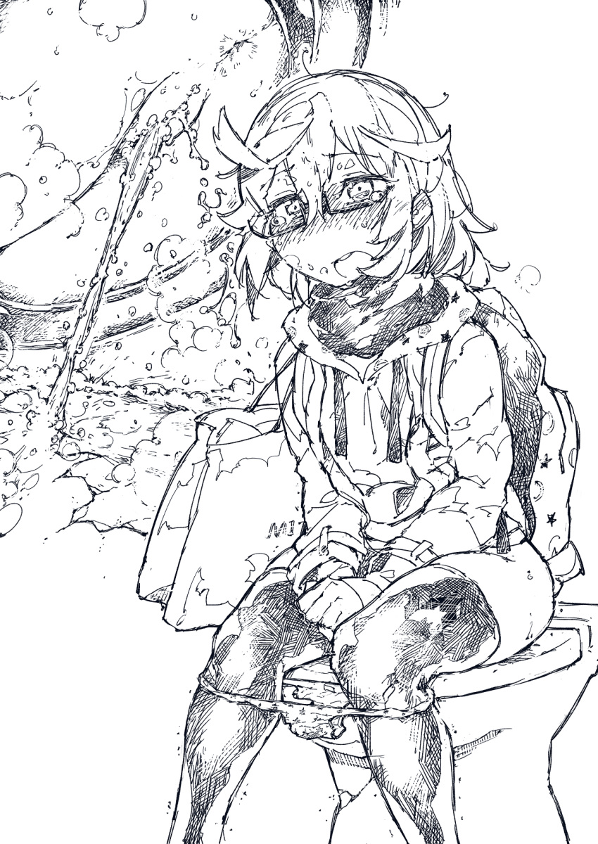 1girl anus bag bangs blush breath close-up eyebrows_visible_through_hair female from_below glasses greyscale hair_between_eyes hands_together highres hood hoodie kantai_collection koorimizu long_sleeves monochrome multiple_views nose_blush open_mouth panties panty_pull peeing pussy short_hair simple_background sitting sketch steam supply_depot_hime tears teeth textless thighhighs toilet toilet_use uncensored underwear white_background