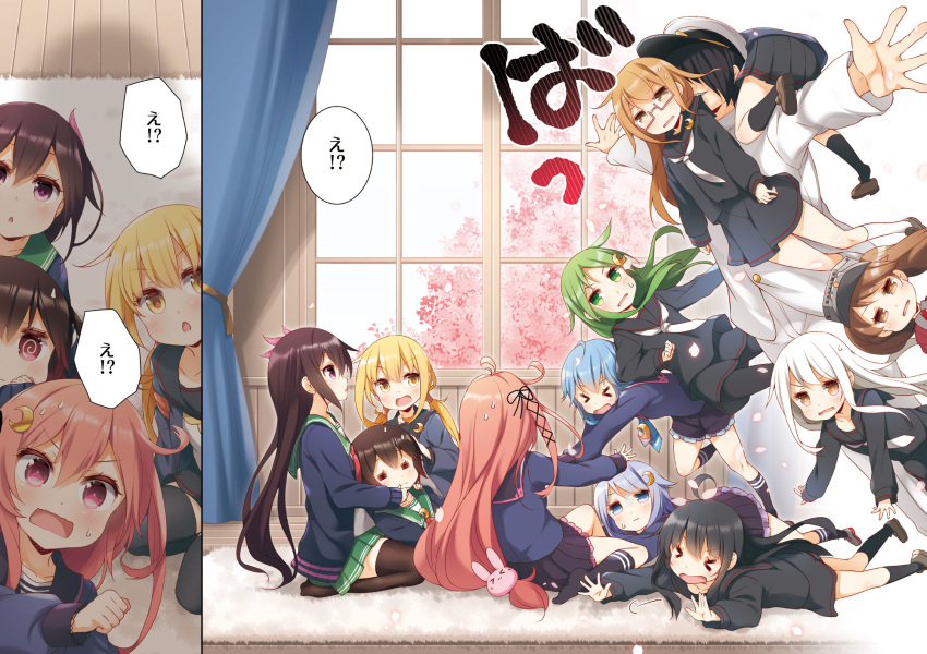 1boy 6+girls admiral_(kantai_collection) fumizuki_(kantai_collection) highres kantai_collection kikuzuki_(kantai_collection) kisaragi_(kantai_collection) mikazuki_(kantai_collection) minazuki_(kantai_collection) mochizuki_(kantai_collection) multiple_girls mutsuki_(kantai_collection) nagatsuki_(kantai_collection) ryuujou_(kantai_collection) satsuki_(kantai_collection) uzuki_(kantai_collection) yayoi_(kantai_collection) yume_no_owari