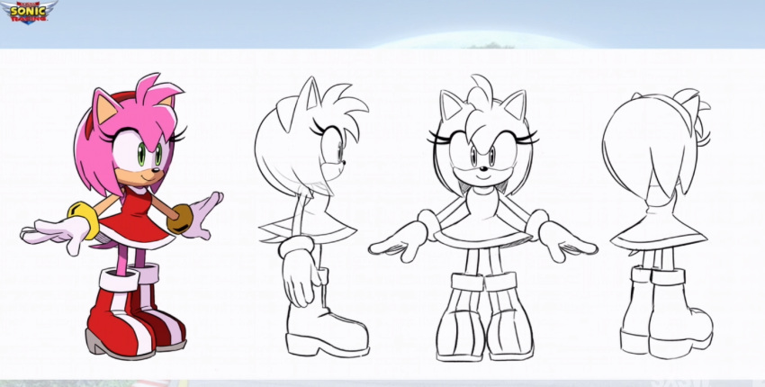 1girl amy_rose anthro back_view boots bracelet character_sheet dress eyelashes female female_focus front_view gloves green_eyes hairband model_sheet no_arms pink_fur pink_hair pointy_ears red_dress red_hairband sega side_view sketch skirt smile sonic_(series) team_sonic_racing transparent_hair turnaround tyson_hesse