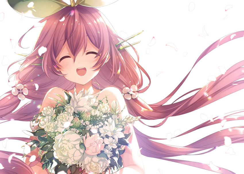 1girl blush bouquet eyes_closed flower granblue_fantasy leaf low_twintails mizuno_(suisuiw) petals pink_hair smile twintails white_background yggdrasil_(granblue_fantasy)