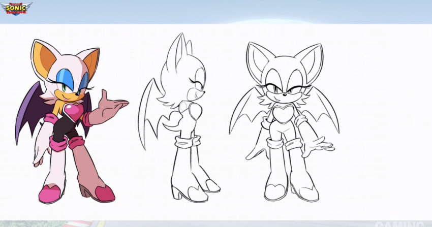 1girl anthro bat bat_wings bedroom_eyes breastplate character_sheet chestplate eyelashes female female_focus front_view hand_out high_heels lipstick looking_at_viewer model_sheet no_arms pointy_ears pose rouge_the_bat sega side_view sketch skin_tight sonic_(series) tail teal_eyes team_sonic_racing tyson_hesse white_fur wings