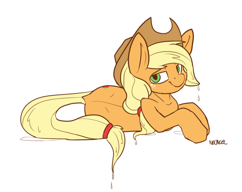 applejack_(mlp) female feral friendship_is_magic looking_at_viewer lying my_little_pony neoncel smile solo wet_mane