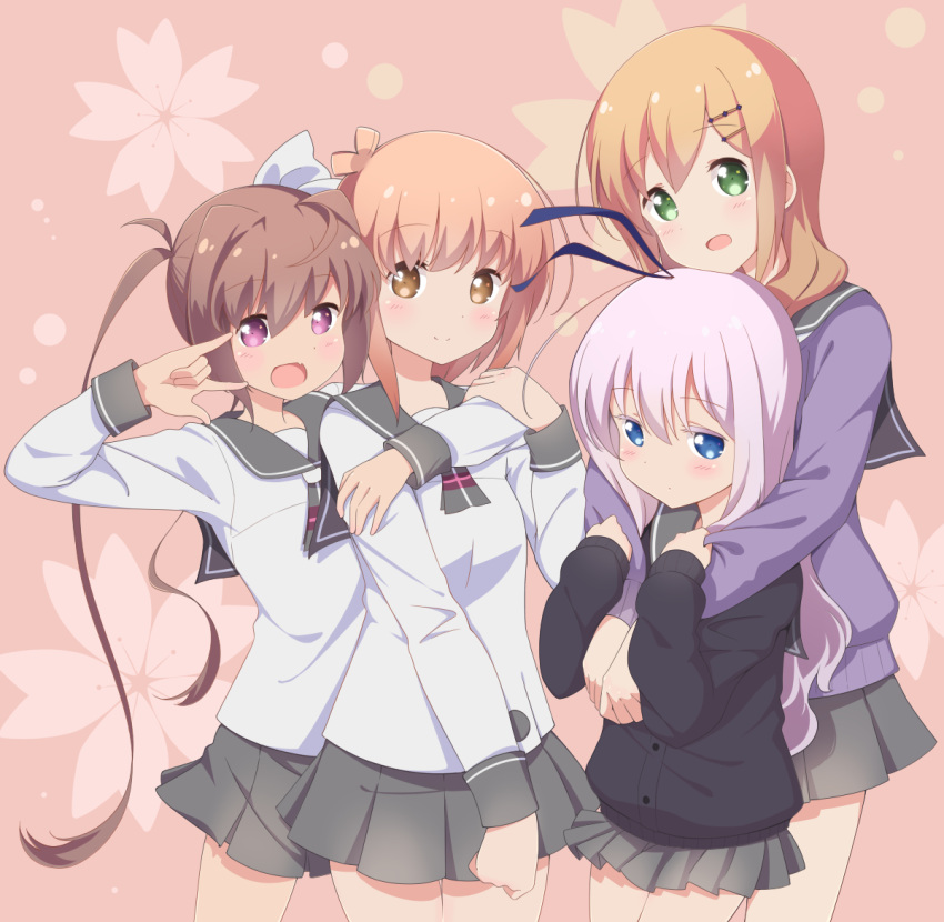 4girls arm_around_shoulder blonde_hair blue_eyes blush brown_hair commentary green_eyes hair_ornament hairpin ichinose_hana long_hair momochi_tamate multiple_girls pink_hair purple_eyes school_uniform sengoku_kamuri short_hair slow_start tokura_eiko twintails very_long_hair w yellow_eyes yunyunmaru