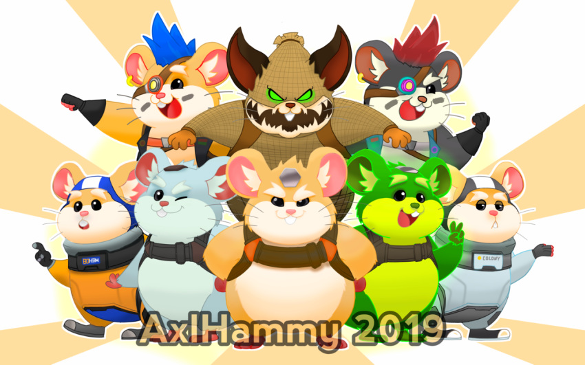 16:10 2019 axlhammy belly big_belly blizzard_entertainment buckteeth chubby_cheeks clothed clothing cricetid front_view fur group hammond hammond_(overwatch) hamster looking_at_viewer male mammal multiple_angles obese obese_male open_mouth overwatch overweight overweight_male partially_clothed rodent sitting slightly_chubby smile standing teeth topwear video_games
