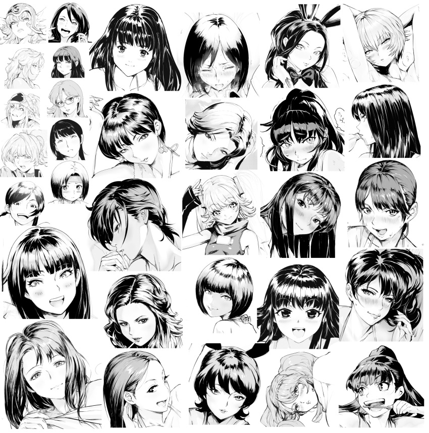 6+girls animal_ears bangs blush bob_cut bunny_ears character_request copyright_request eyebrows_visible_through_hair fake_animal_ears highres long_hair looking_at_viewer monochrome multiple_girls orushibu ponytail short_hair simple_background smile twintails white_background