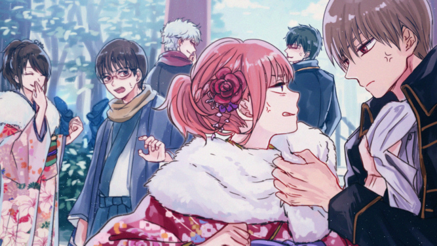 2girls 5boys anger_vein bangs black_jacket blue_eyes blue_hakama brown_eyes brown_hair clenched_teeth covering_mouth day eye_contact eyes_closed floral_print flower fur-trimmed_kimono fur_trim furisode gintama glasses hair_flower hair_ornament hakama hand_over_own_mouth jacket japanese_clothes kagura_(gintama) kimono long_sleeves looking_at_another looking_at_viewer multiple_boys multiple_girls okita_sougo open_clothes open_jacket outdoors print_kimono red_eyes red_flower red_kimono sakata_gintoki shimura_shinpachi shimura_tae shiny shiny_hair short_hair short_ponytail silver_hair sweatdrop swept_bangs szzz_k teeth white_kimono white_neckwear