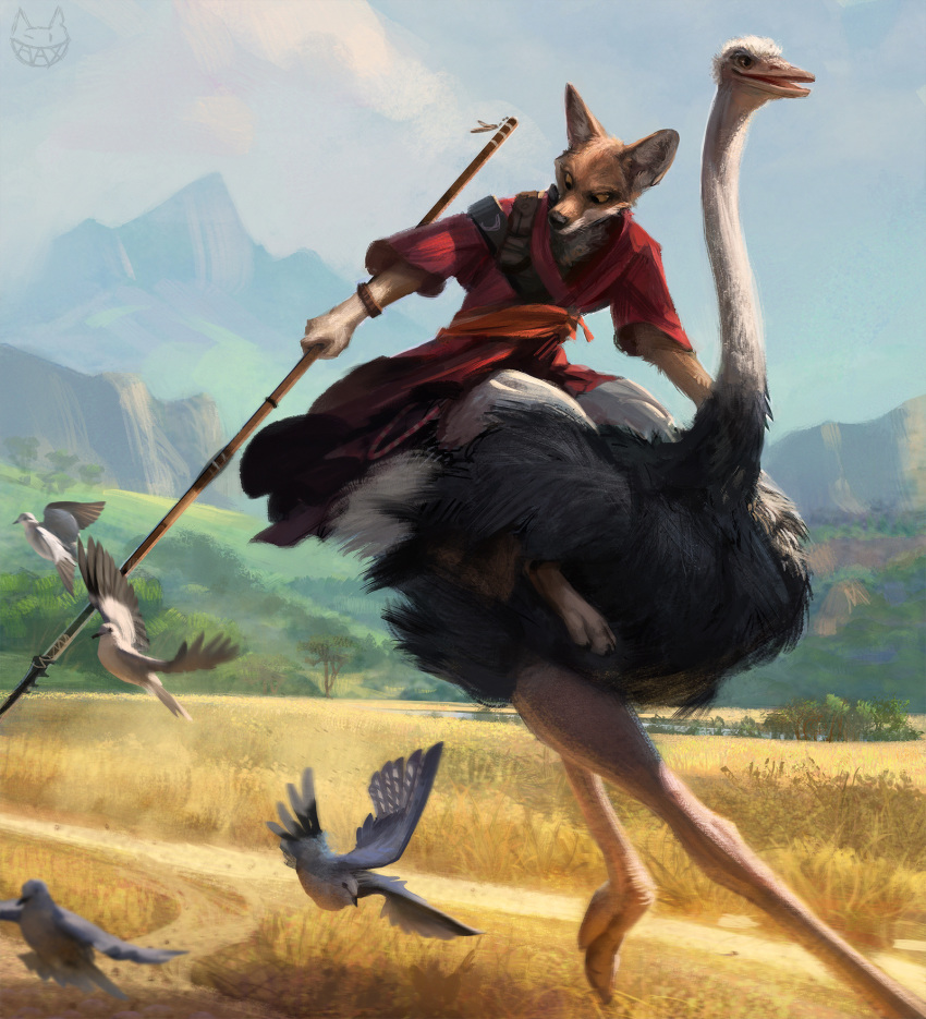 2018 3_toes ambient_bird anthro avian beak biped bird black_eyes black_feathers black_nose blurred_foreground bottomwear bracelet brown_beak brown_fur brown_sclera canid canine canis clothed clothing cloud columbid day digital_media_(artwork) dove duo ethiopian_wolf feathers feral fur grass grassland hax_(artist) hi_res holding_object holding_weapon jackal jewelry kenket lofi looking_down male mammal melee_weapon mountain multicolored_feathers multicolored_fur open_beak open_mouth ostrich outside pants paws polearm ratite red_clothing red_topwear riding running shirt side_view sky solo_focus spear toes topwear tree two_tone_feathers two_tone_fur watermark weapon white_bottomwear white_clothing white_feathers white_fur