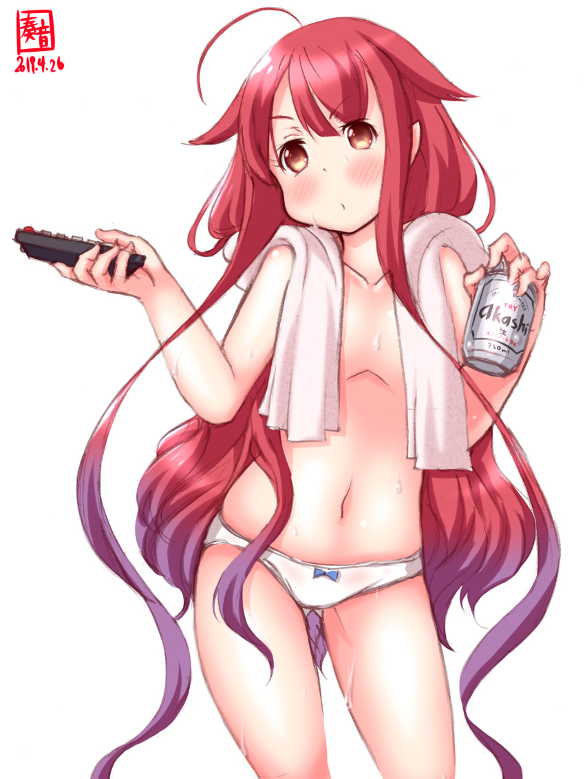 1girl ahoge artist_logo asahi_breweries asymmetrical_bangs bangs beer_can blush brand_name_imitation can commentary_request controller cowboy_shot dated flat_chest gluteal_fold hair_ribbon hairband highres kanon_(kurogane_knights) kantai_collection kawakaze_(kantai_collection) long_hair low_twintails panties pointy_ears red_hair remodel_(kantai_collection) remote_control ribbon sidelocks simple_background solo topless towel towel_around_neck twintails underwear underwear_only very_long_hair wet white_background white_panties white_towel