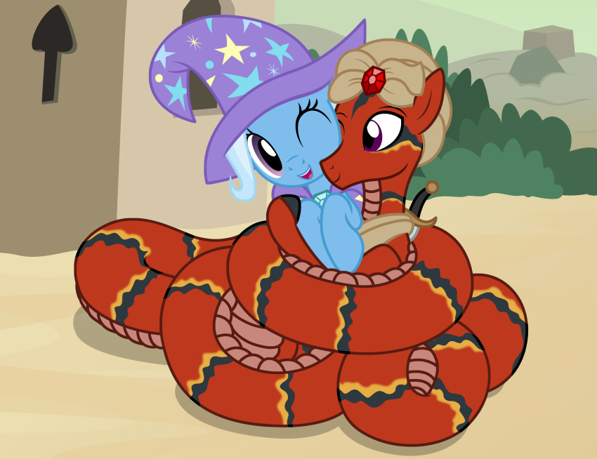 arabian_cat_snake badumsquish clothing coiling desert equid equine friendship_is_magic hat headgear headwear hi_res horse hug lamia mammal melee_weapon my_little_pony old_world_catsnake one_eye_closed pony purple_eyes reptile scalie scimitar snake sword trixie_(mlp) weapon wizard_hat