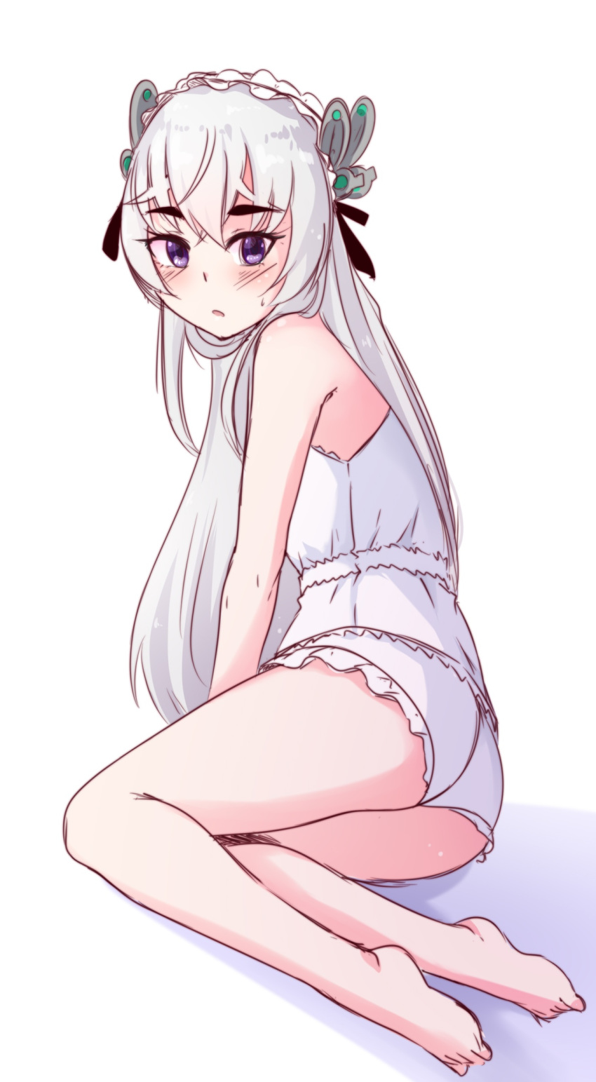 1girl ass barefoot blush chaika_trabant circle deredereday eyebrows_visible_through_hair highres hitsugi_no_chaika long_hair looking_at_viewer princess purple_eyes sitting sketch solo underwear white_background white_hair