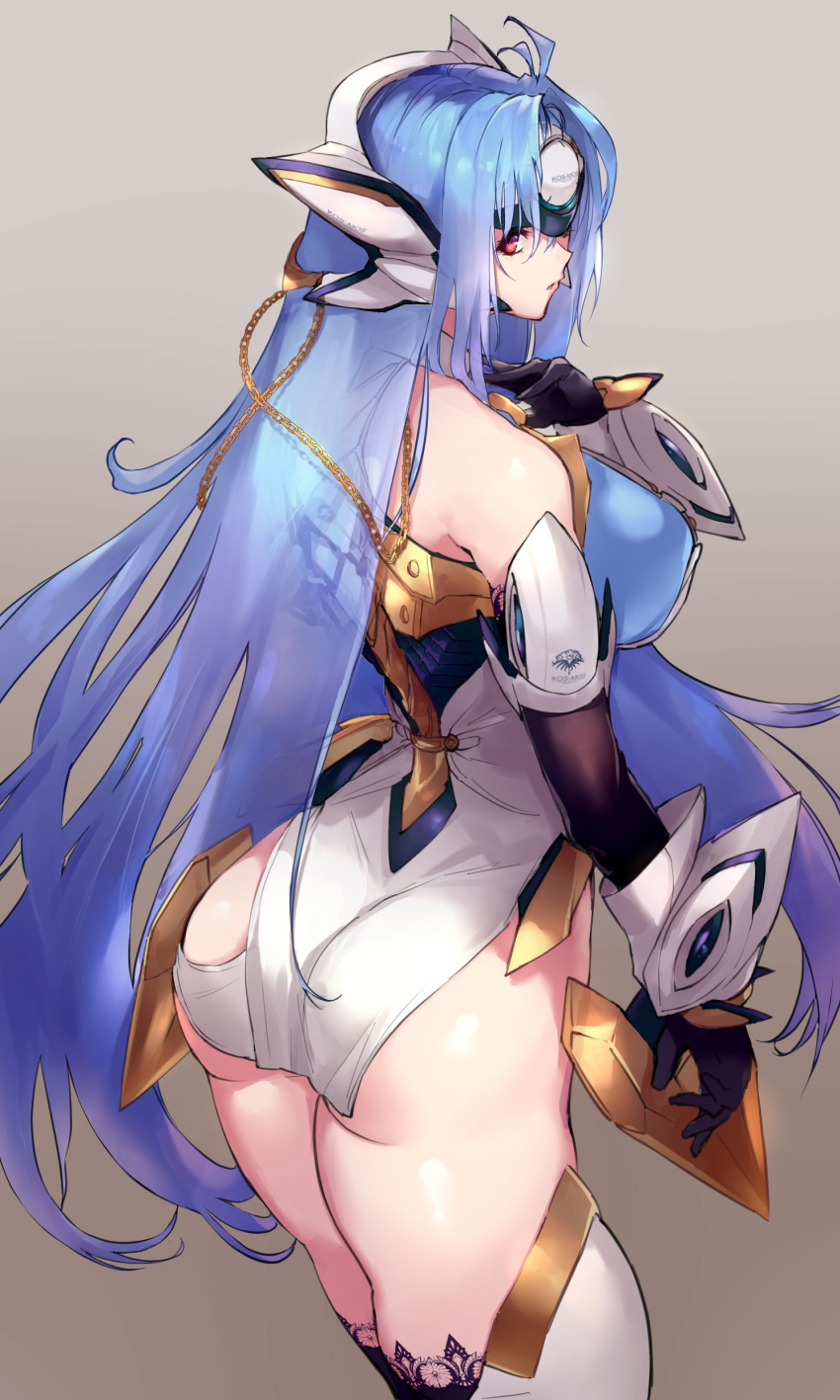 1girl absurdres android ass blue_hair boots breasts cyborg elbow_gloves forehead_protector garter_straps gloves headgear highres kos-mos kos-mos_ver._4 leotard negresco red_eyes thigh_boots thighhighs underboob white_leotard xenosaga xenosaga_episode_iii