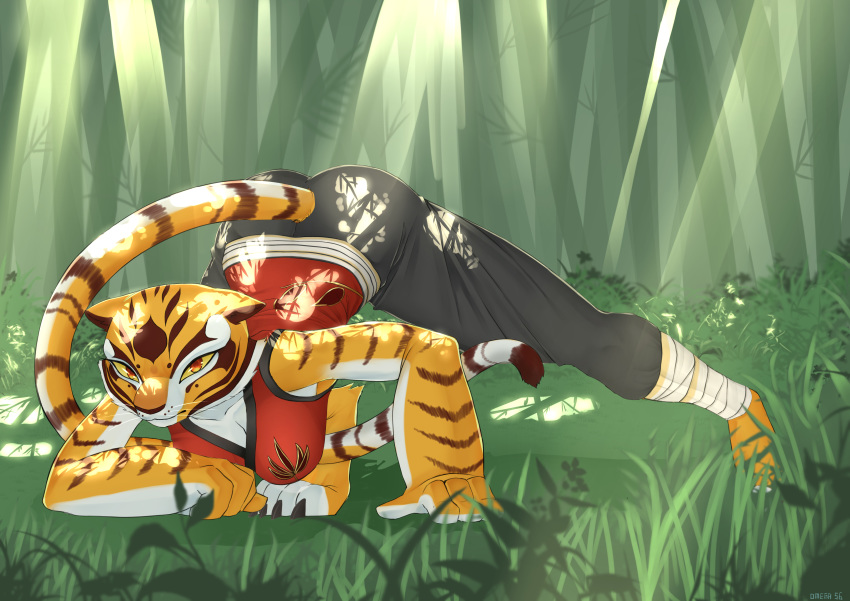 absurd_res ass_up digital_media_(artwork) dreamworks felid female forest fur hi_res invalid_tag kung_fu_panda looking_at_viewer mammal master_tigress omega56 outside pantherine red_eyes solo striped_fur stripes tiger tree yellow_sclera