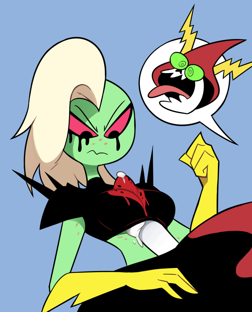 2019 4_fingers alien animated_skeleton annoyed armor big_penis black_clothing blue_background bone breasts clothing crop_top cum cum_between_breasts duo erection female female_focus freckles frown gloves green_sclera green_skin hair hi_res humanoid light_skin long_hair lord_dominator lord_hater male male/female miscon no_iris noseless open_mouth pale_skin penis pink_sclera red_clothing red_tongue running_makeup running_mascara sex shirt shoulder_pads simple_background skeleton solo_focus titfuck titfuck_under_clothes tongue tongue_out topwear undead wander_over_yonder white_hair white_penis white_skin