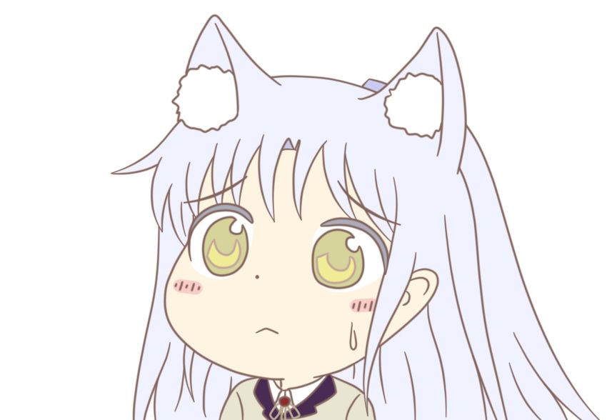 1girl :&lt; angel_beats! animal_ears bangs blush cat_ears commentary commentary_request cowlick ears eyebrows_visible_through_hair from_side gyate_gyate hair_ornament hairclip jacket key_(company) long_hair looking_to_the_side neck_ribbon open_eyes ribbon school_uniform shirt silver_hair simple_background solo sweatdrop taeminhyeon tenshi_(angel_beats!) upper_body white_background white_shirt yellow_eyes