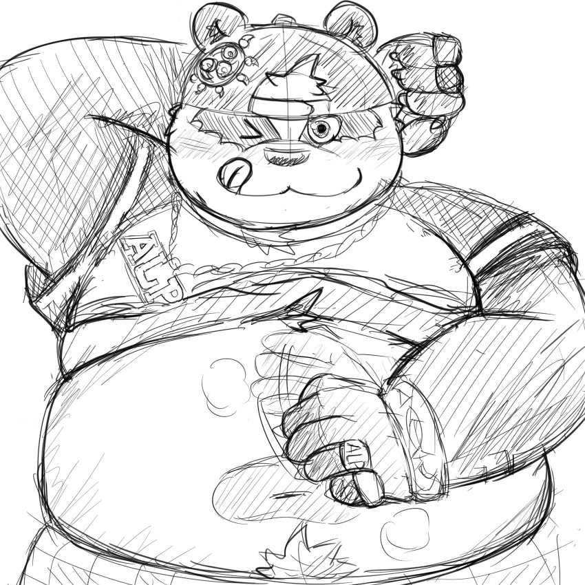 1:1 2019 alp_(tas) anthro belly blush clothed clothing giant_panda hi_res humanoid_hands male mammal mohumohudansi navel one_eye_closed open_shirt overweight overweight_male shirt simple_background solo tokyo_afterschool_summoners topwear ursid video_games wink