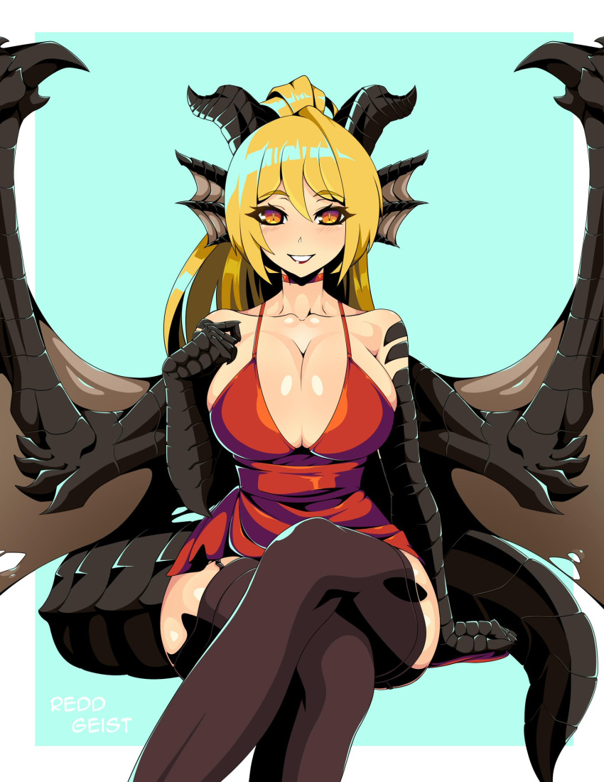 1girl blonde_hair breasts choker cleavage dragon_girl dragon_horns dragon_tail dragon_wings dress garter_straps highres horns hourglass large_breasts legs_crossed long_hair orange_eyes original ponytail red_dress reddgeist scales smile solo tail thighhighs wide_hips wings