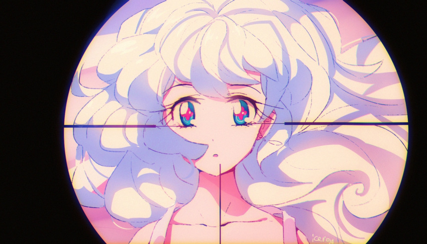 +_+ 1girl :o blue_eyes eyebrows_visible_through_hair eyelashes iceroy long_hair looking_at_viewer nia_teppelin open_mouth pink_pupils sniper_scope solo standing tengen_toppa_gurren_lagann upper_body white_hair wind