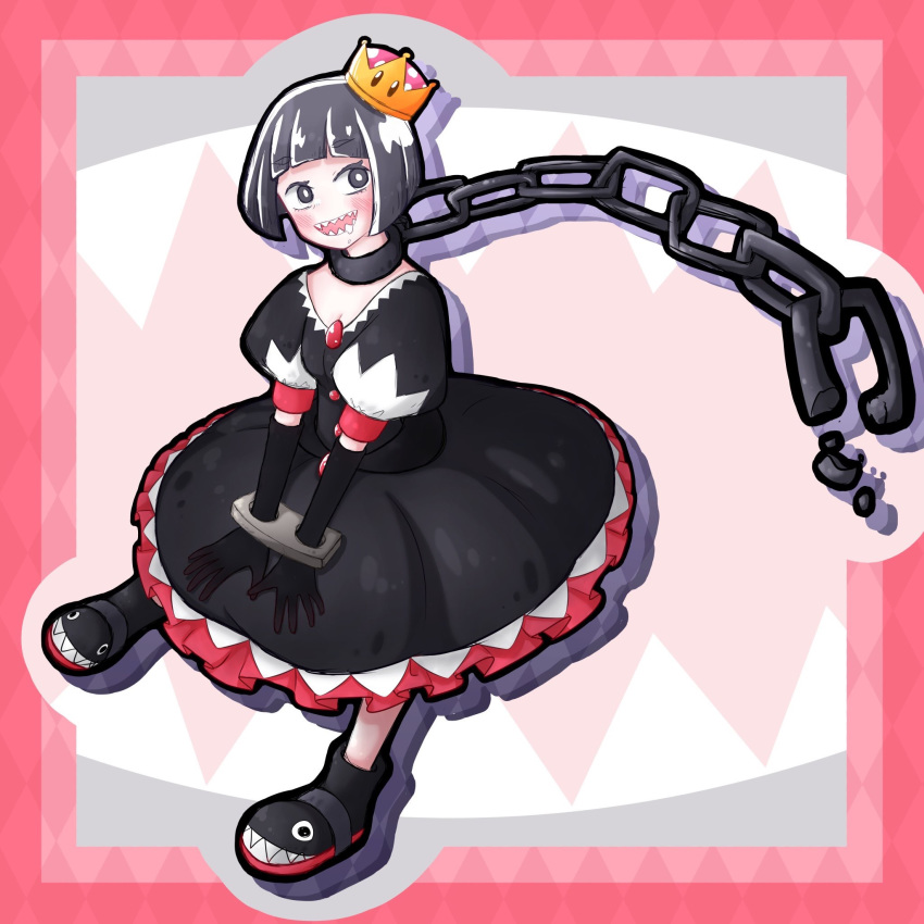 1girl bangs black_footwear black_gloves blunt_bangs bob_cut breasts broken broken_chain chain chains choker drooling elbow_gloves gloves grey_eyes grey_hair highres princess_chain_chomp ramaka-i-0703 sharp_teeth small_breasts stocks super_crown teeth