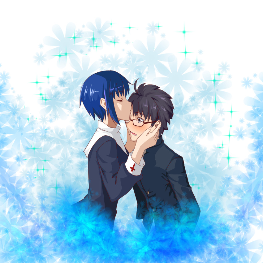 1boy 1girl axia-chan black_eyes black_hair blue_hair blush ciel cross eyes_closed forehead_kiss hands_on_another's_face highres kiss school_uniform short_hair toono_shiki tsukihime