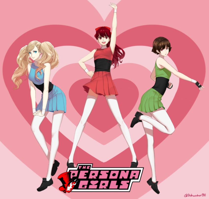 3girls arm_up artist_name blonde_hair blossom_(ppg) blossom_(ppg)_(cosplay) blue_eyes brown_eyes brown_hair bubbles_(ppg) bubbles_(ppg)_(cosplay) buttercup_(ppg) buttercup_(ppg)_(cosplay) cosplay dishwasher1910 dress fingerless_gloves gloves hand_on_hip heart leaning_forward long_hair looking_at_viewer multiple_girls niijima_makoto parody persona persona_5 persona_5_the_royal powerpuff_girls red_eyes red_hair short_dress short_hair smile takamaki_anne thighhighs twintails twitter_username white_legwear wristband yoshizawa_kasumi