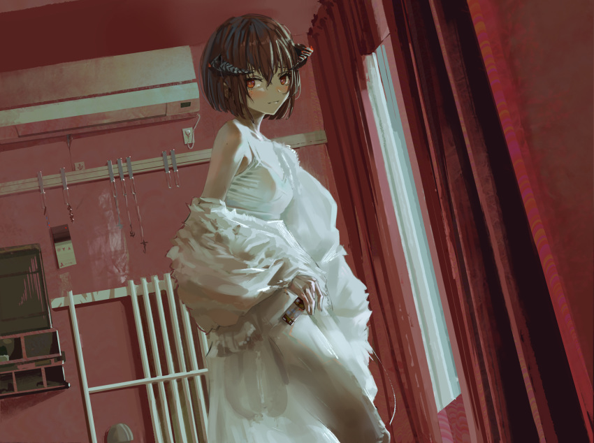 1girl bangs bare_shoulders blush bottle breasts brown_hair cowboy_shot curtains dutch_angle hair_between_eyes highres holding holding_bottle horns indoors looking_at_viewer off_shoulder original red_eyes short_hair small_breasts smile solo tifg39 window